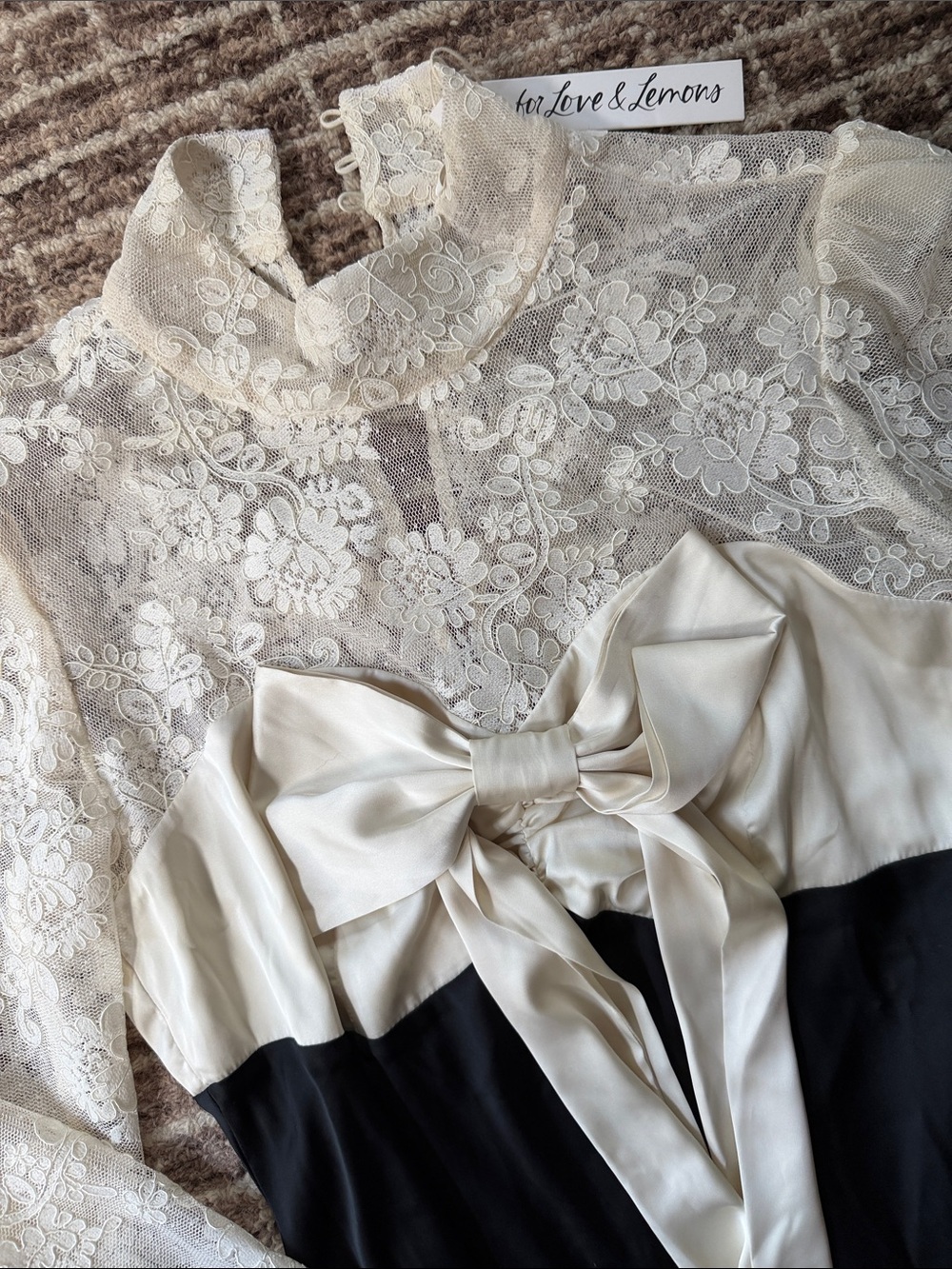For Love and Lemons - Lace Contrast Bow Front Mini Dress - Cream & Black Large - Picture 6 of 9